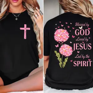 Blessed By God, Loved By Jesus, Led By The Spirit 2 Siđed Tee Pure Cotton Casual Street Style Crew Neck Short Sleeve T-Shirt Tops Trendy for Women
