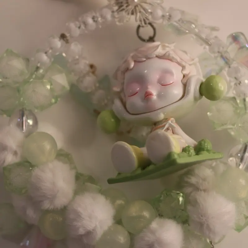Dreamy Fairy Keychain Ornament - Soft Pastel Decor with Fluffy Pom-Poms Crystal Beads & Minty Green Accents Kawaii Accessories Handmade Charm Aesthetic
