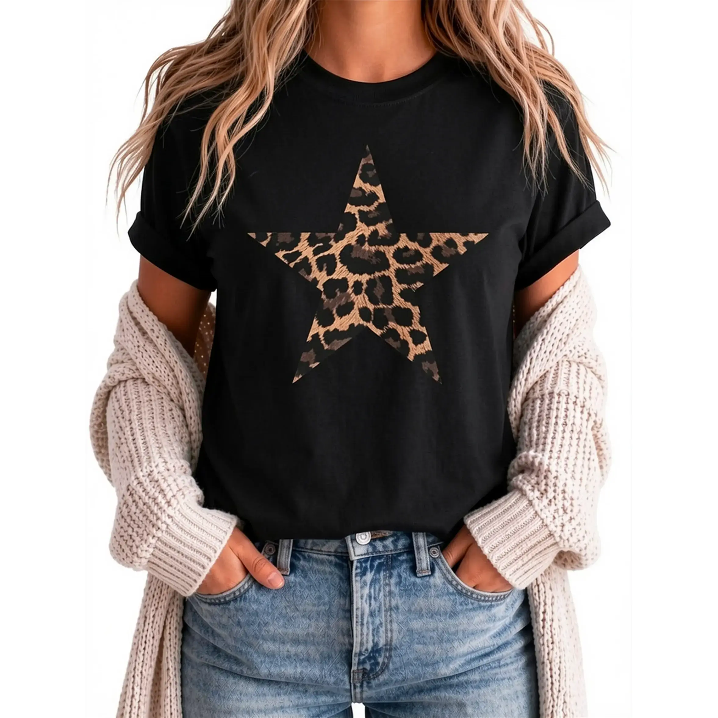 Acid Washed Shirts Five-Pointed Star Oversized Half Short Sleeves Casual Printed Graphic Tee Summer Comfortable Cotton trendy graphic tee women's fashion