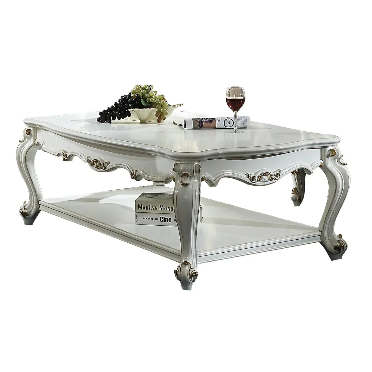 Benzara Traditional Style Wooden Coffee Table With Polyresin Carvings And Bottom Shelf, White BM196693