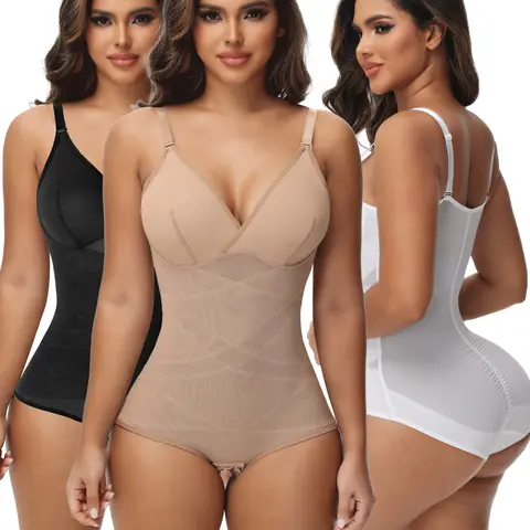 Women's Tummy Control Shapewear Bodysuit Fajas Waist Trainer Body Shaper V-Neck Cami Bodysuit with Bra, Adjustable Strap Bodysuit, Lady Body Shapewar For Daily Wear