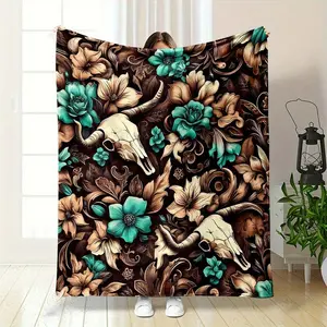 Ultra-Soft Vintage Floral & Bull Skull Throw Blanket - Perfect for Sofa, Couch, Office, Camping, Bed, Travel | Durable Polyester, Machine Washable | Ideal Gift for Thanksgiving & Christmas