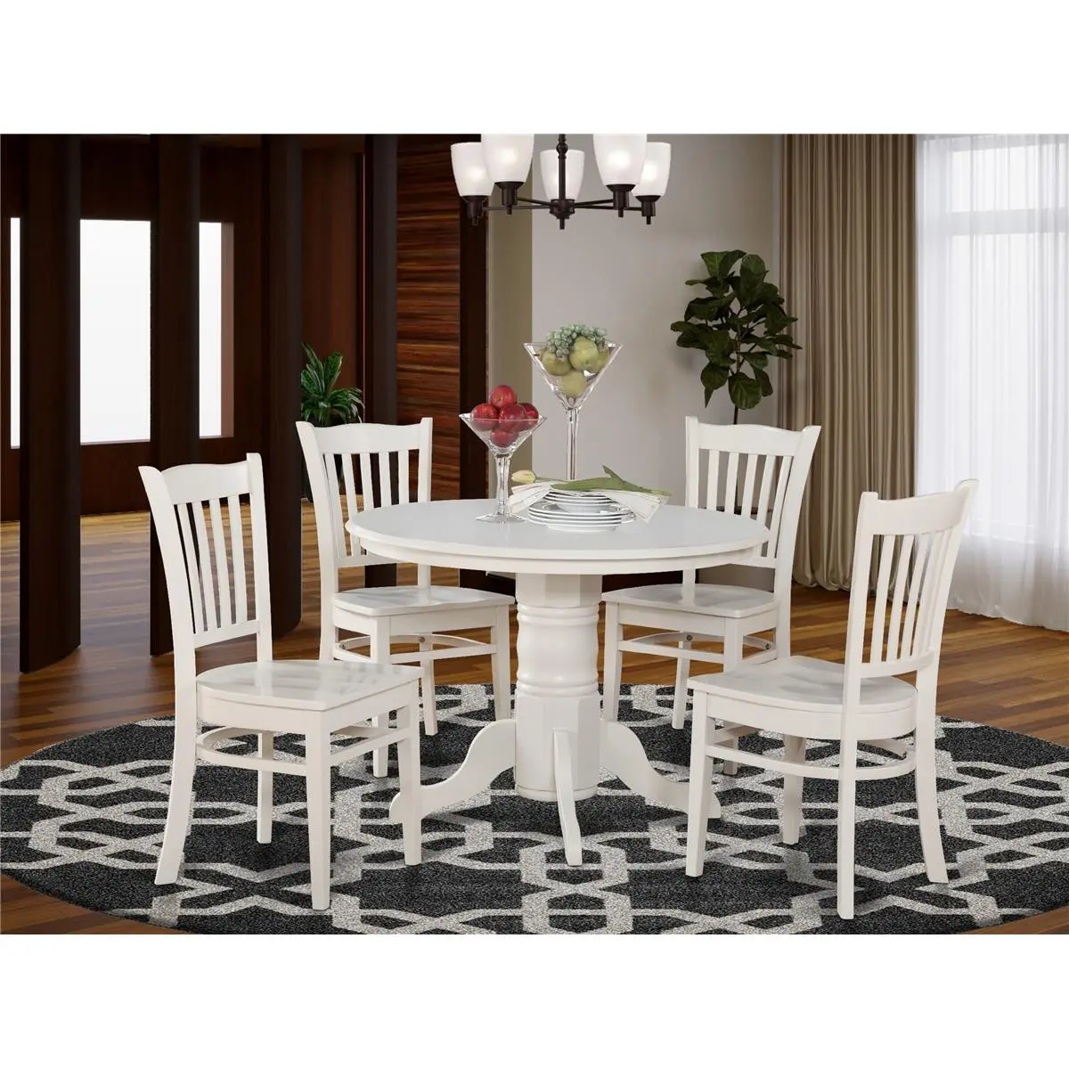 212 MAIN SG5-WHI-W 5-Piece Modern Contemporary Indoor Dining Room Set - Wooden Shelton Round Pedestal Base Kitchen Table, 4 Groton Slatted Back Chairs, Easy-Clean Linen White Finish