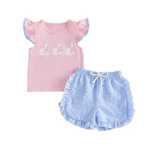 Babamoon Kids Baby Little Girls Easter 2 Piece Outfits Set Rabbit Embroidery Ruffle Sleeveless Tank Tops and Plaid Shorts Clothes Set 6M-4Y