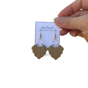 Olalaclayco Handmade Polymer Clay Earrings - Olive Green Fan Design with Gold Accents by Olalaclayco