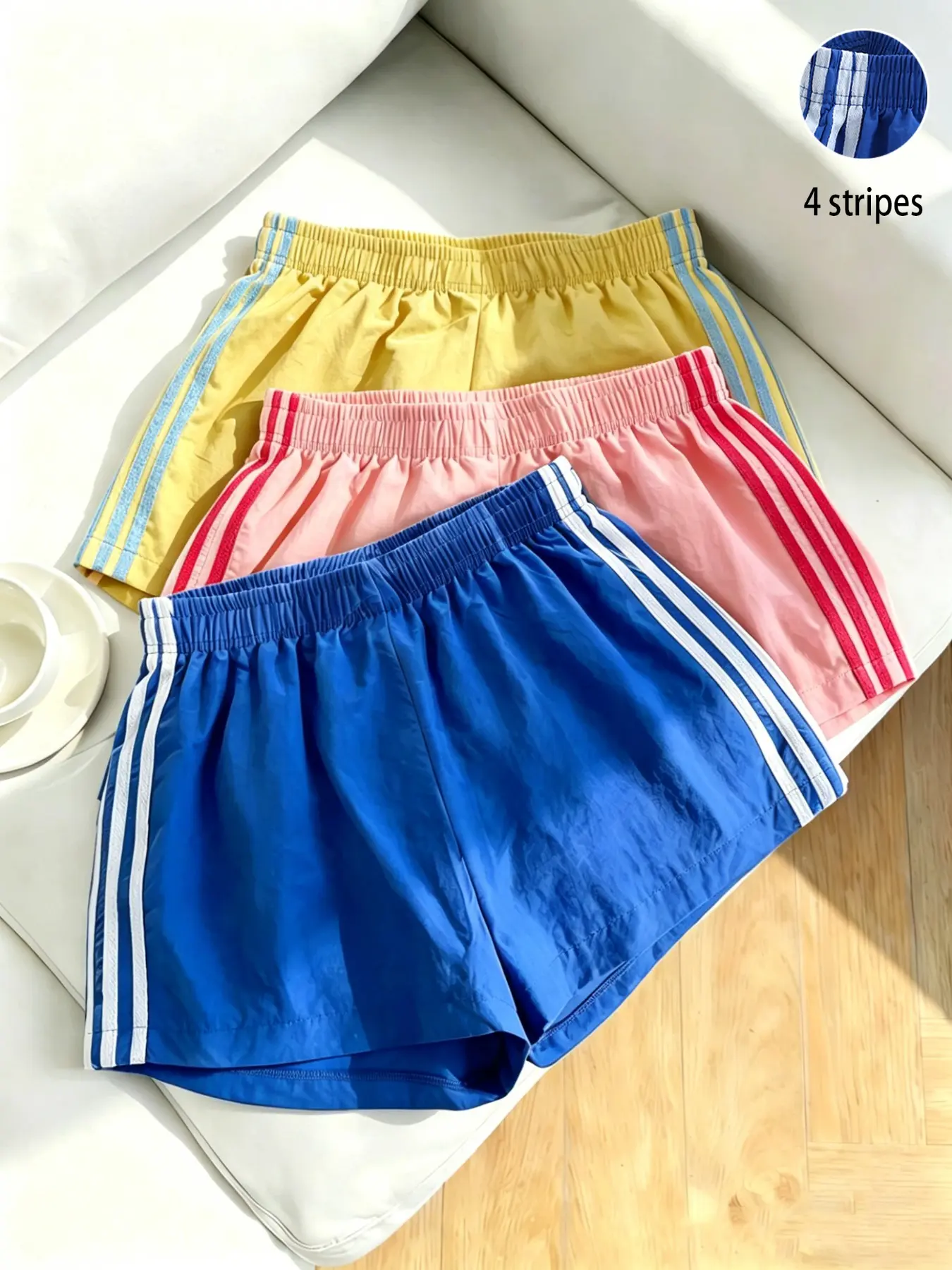 3-Pack Summer Women's Multicolor Solid Side Stripe Casual Lightweight Shorts, Loose-Fitting Elastic Waist Sporty Athletic Bottoms, Daily Wear Fashion, Casual Sports Shorts