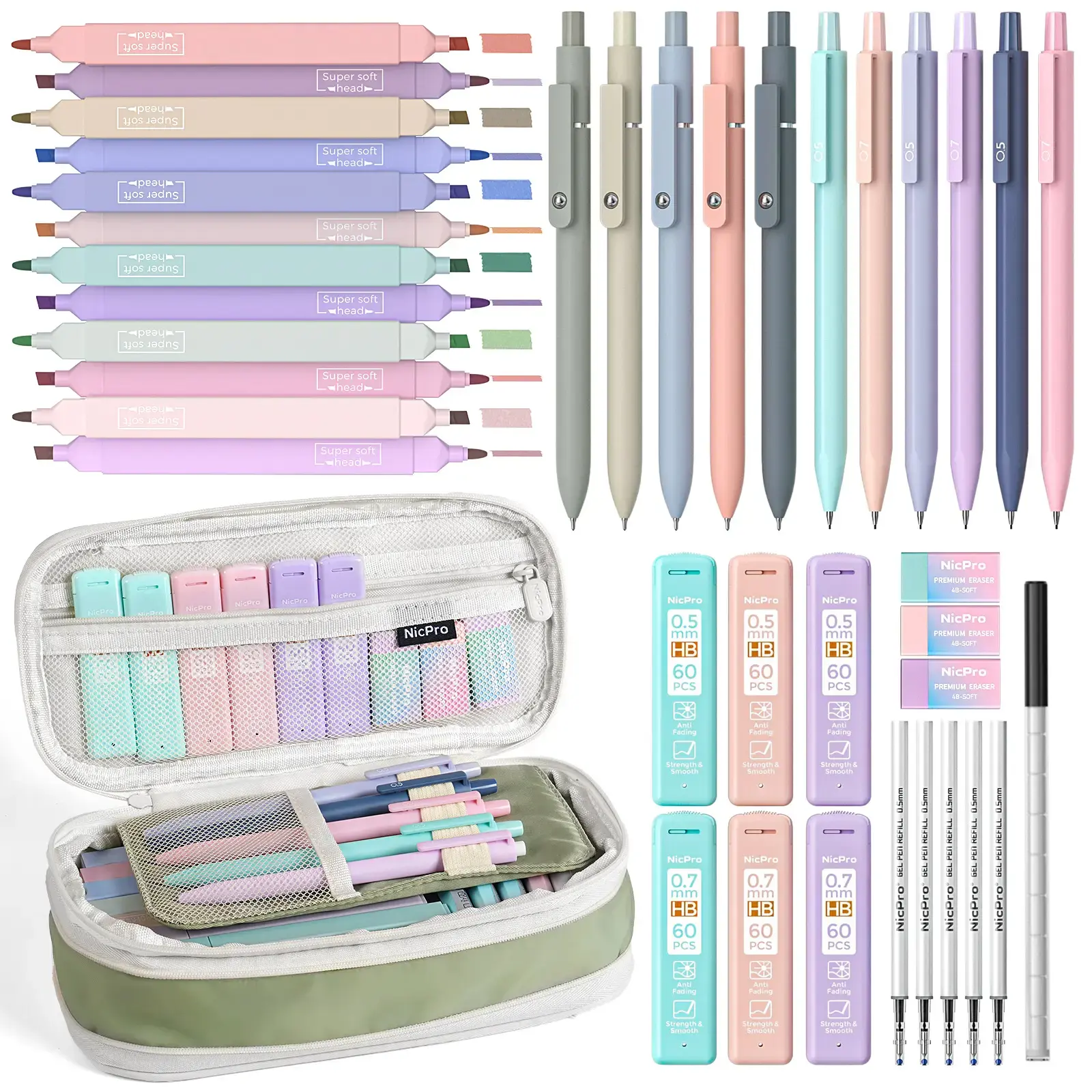 Nicpro Stationary Set, Cute Office & School Supplies with Big Capacity Pencil Pouch, 6 Pastel 0.5-0.7Mm Smooth-Writing Mechanical Pencils & Markers for Students,Back to School,Back to School Shopping