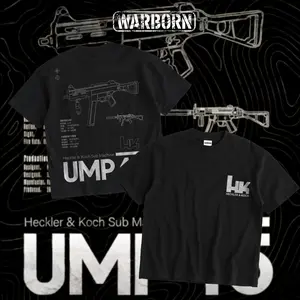 [WARBORN] UMP45 Double Sides Heavy Cotton T-Shirt Vintage Tactical SMG Graphic Tee Military Enthusiast Streetwear Clothing Gift for Men Breathable Printing