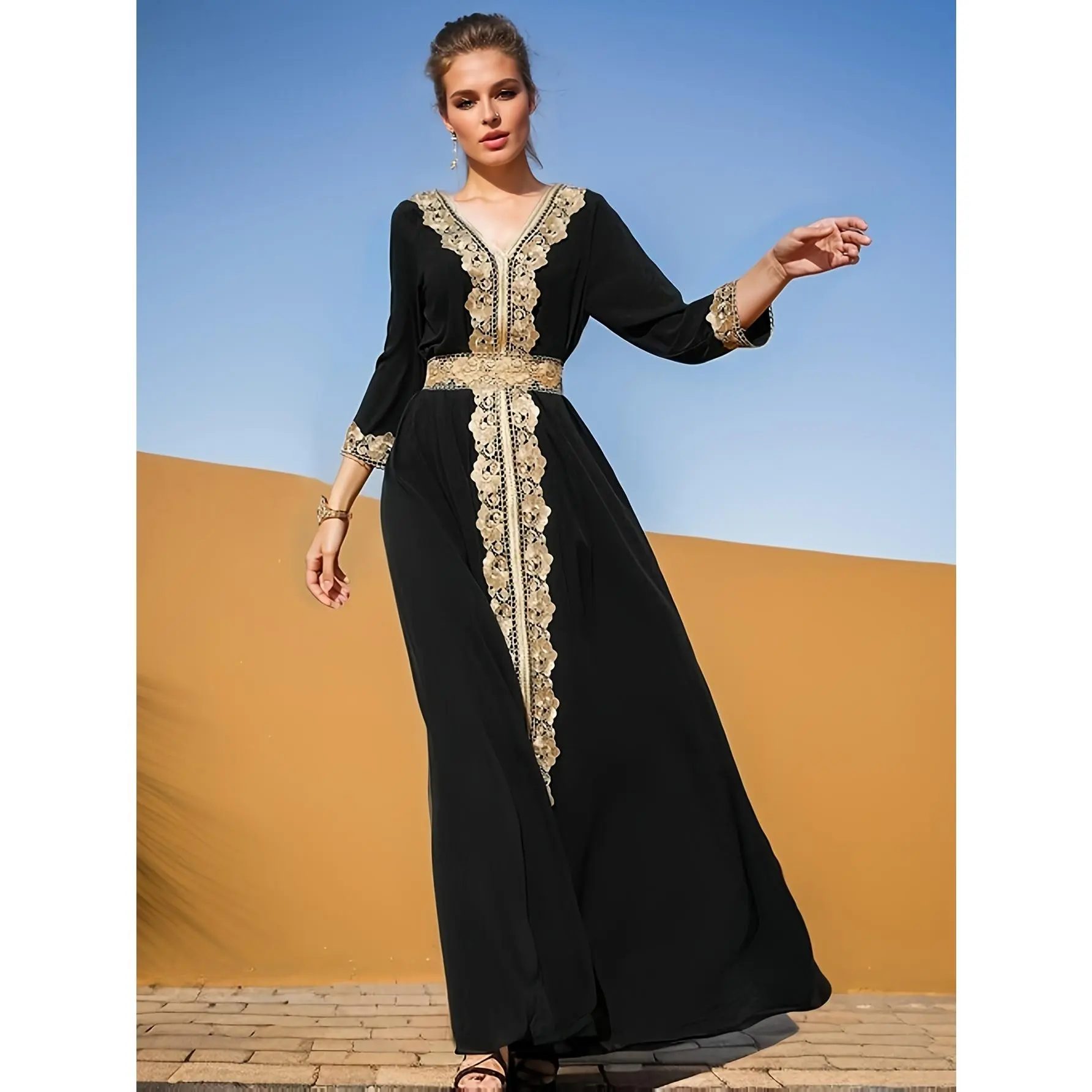 Women's Solid Polyester V-Neck Belted Ramadan Kaftan - Elegant Long-Sleeve Maxi Dress, Sports & Outdoor Clothing (Do Not Dry Clean), Hand Wash, Long Length, Woven, All Seasons, 100% Polyester, Regular Size, Female Wear