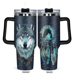 40oz Wolf Pattern Funny Dad Tumbler, 1 Count Stainless Steel Insulated with Handle, Durable Water Bottle for Home Office School, Drinkware