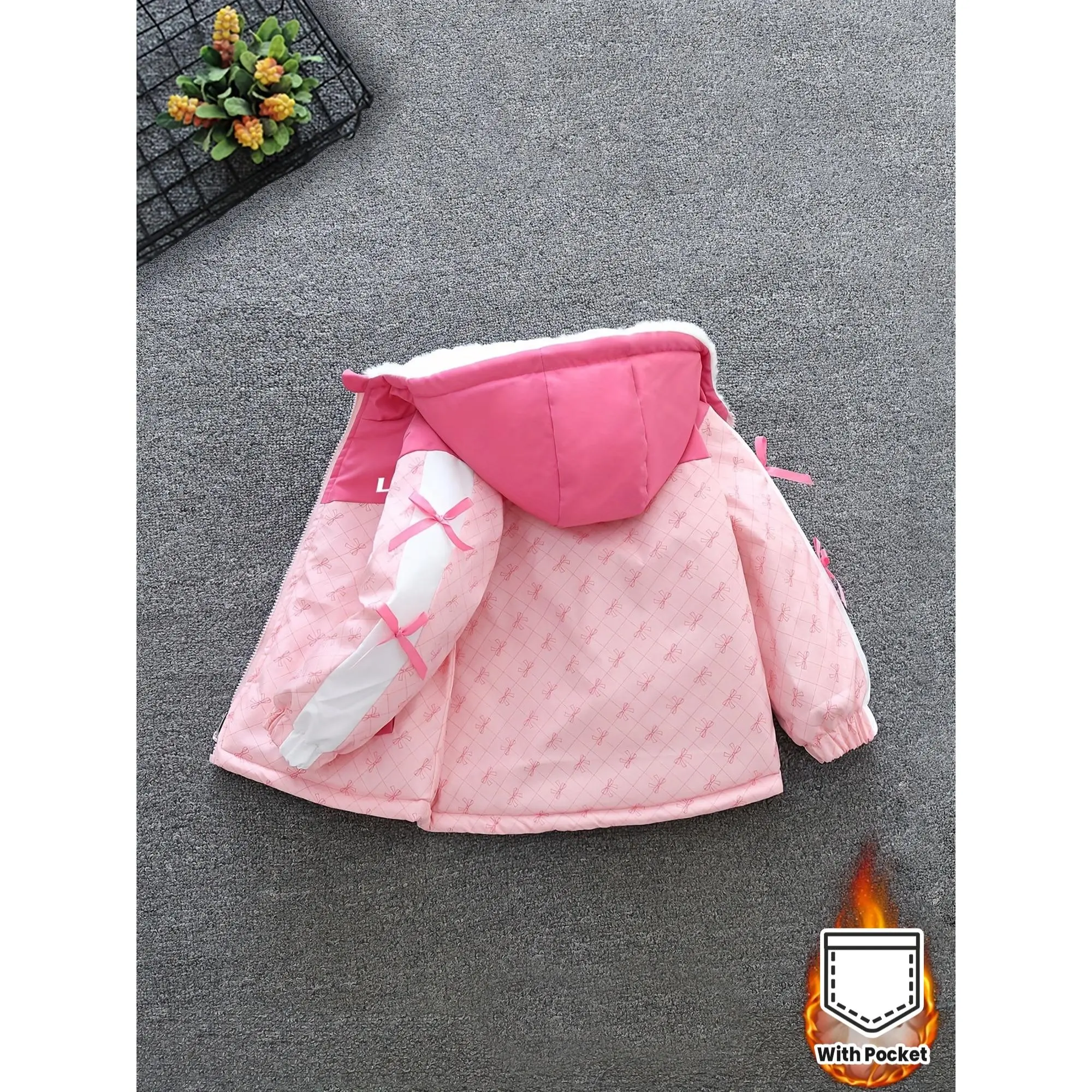 Girls' Fleece-Lined Hooded Parka Coat, Casual Style, Zip Closure, Long Sleeves with Pockets, Autumn/Winter Warm Outerwear