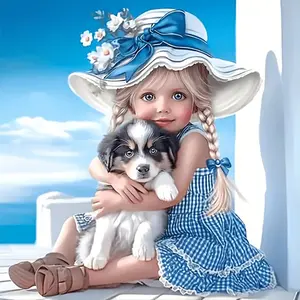 Frameless Diamond Painting Kit, Girl Hugging Dog at Beach, Full Circle Design, DIY Wall Art Craft, Home Decor Gift, Fun Hands-On Activity