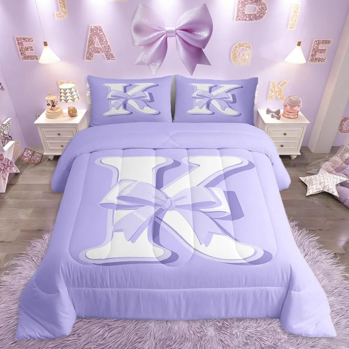 Purple Bow Comforter Set Monogrammed Bedding Set Ultra Soft Personalized Initial K Duvet Quilt Modern Fashion Duvet Set Room Decor Bowknot Quilt Set