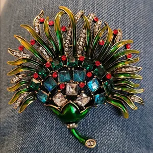 Large Exotic Flower Brooch with Colorful Rhinestones and Enamel