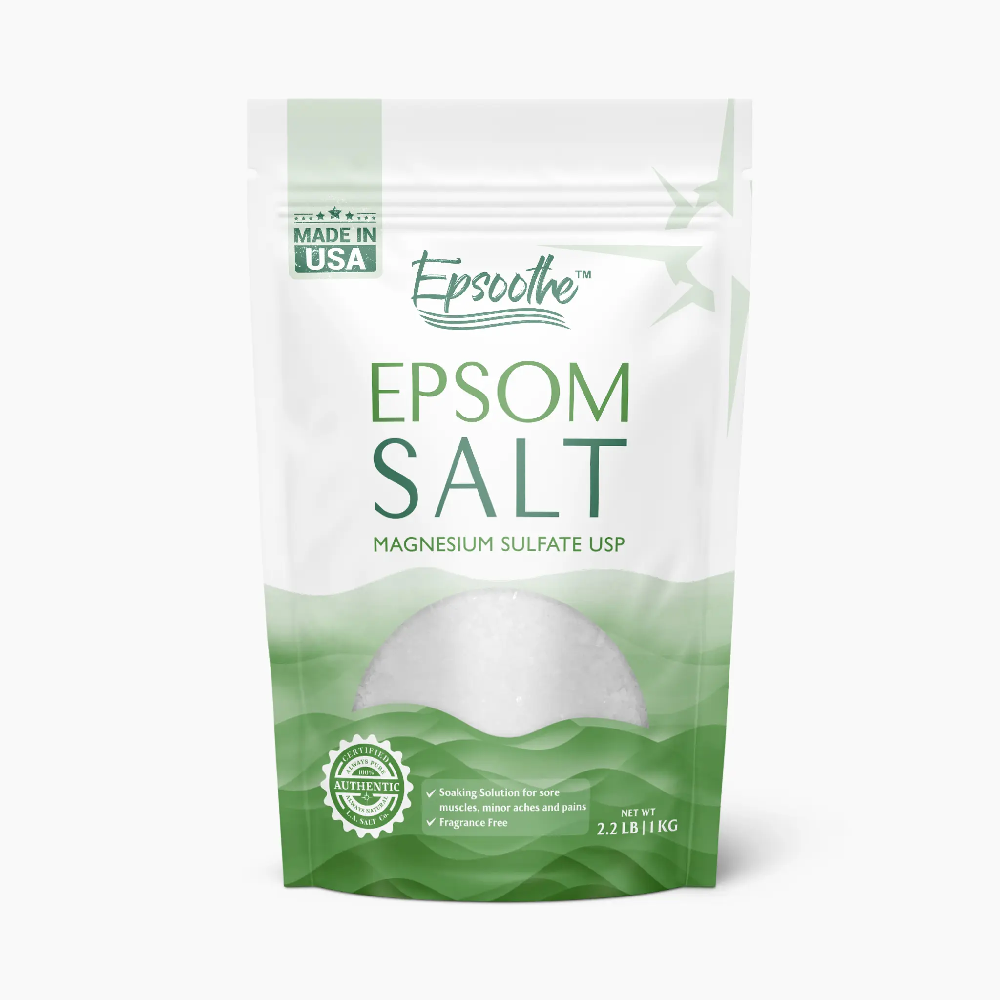 LA SALT CO Epsoothe Soothing Epsom Salt, 2.2 lb USP Pharmaceutical Grade Magnesium Sulfate Bath Soak for Relaxation & Self-Care, Made in USA