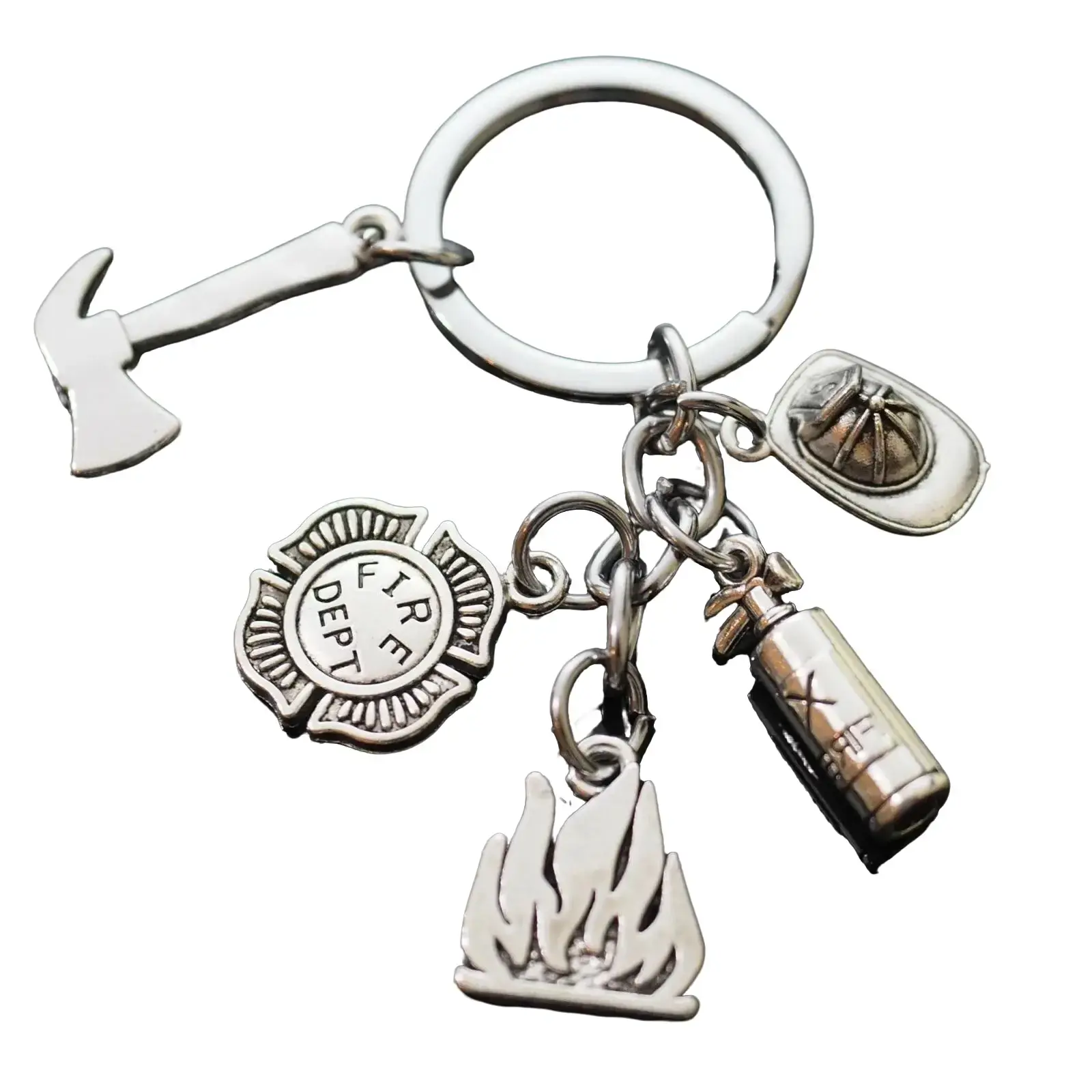 Love Fireman Firefighter Helmet Extinguisher Axe Fire Dept Silver Keychain Gift
