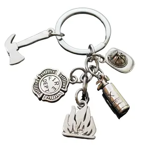 Love Fireman Firefighter Helmet Extinguisher Axe Fire Dept Silver Keychain Gift
