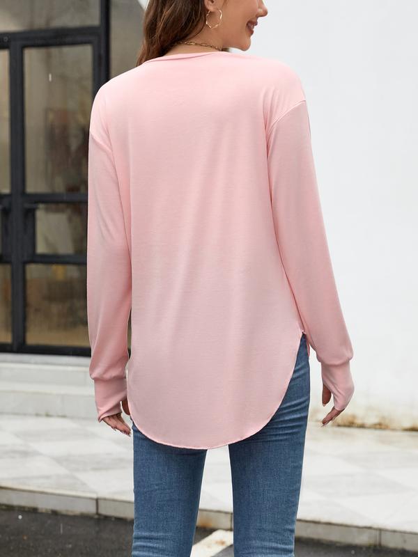Renaishow Womens Deep V Neck Tunic Tops Long Sleeve Oversized Casual Loose Fit Curved Hem T Shirts with Thumb Holes Blouses Light Breathable Solid