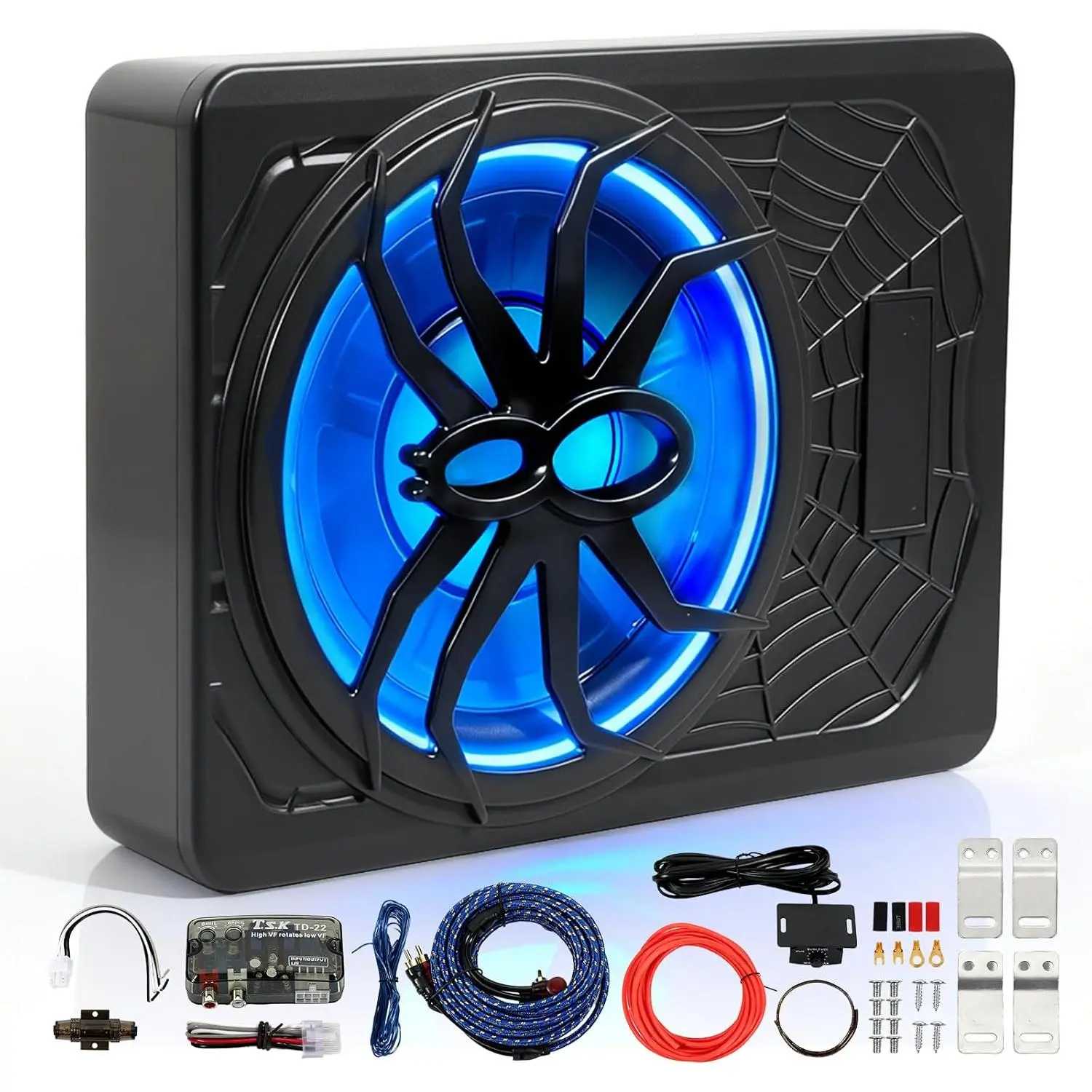 10" Slim Car Subwoofer 1200W Underseat Powered Subwoofer Car Audio Subs for Trucks Active Bass Speaker for Car Built-in Amplifier with Blue LED Ambient Light Low & High Level Inputs