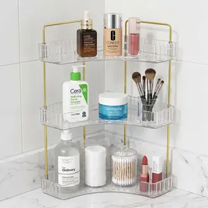 A three-tier transparent desktop corner storage rack for saving space, with a large capacity for storing cosmetics, perfumes and skincare products. bathroom counter organizer unit multifunctional kitchen home organization tool mom wife bedroom vanity desk