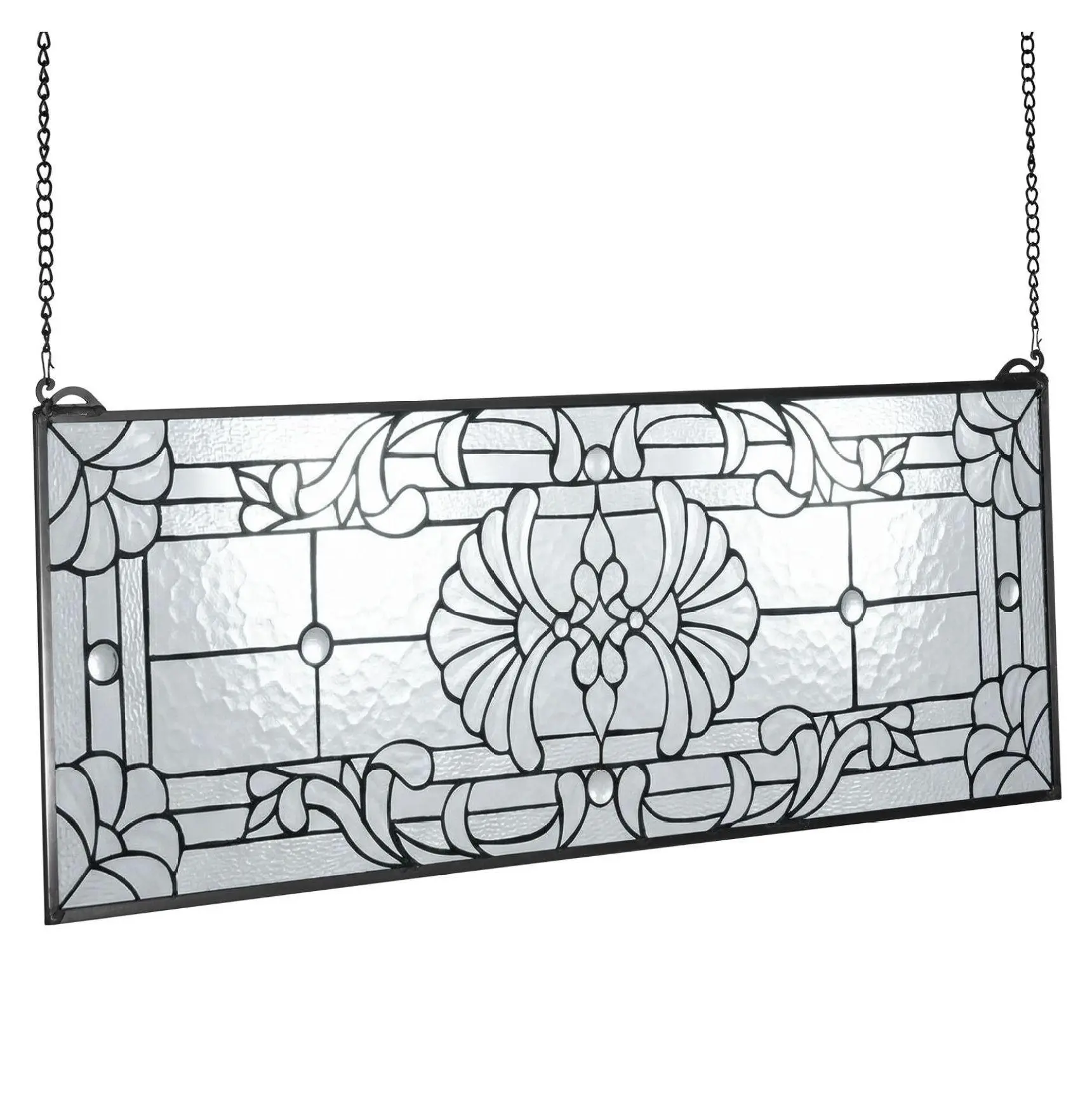 Stained Glass Window Panel 35.2"x13", Tiffany Style Hanging Window Decor, Vintage Rectangle Art Glass for Home Kitchen Default