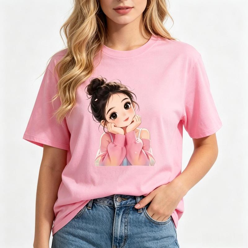 Women's Cotton Graphic Tee Sweater Print Casual Short Sleeve Top Trendy Kawaii Streetwear Summer Outfit