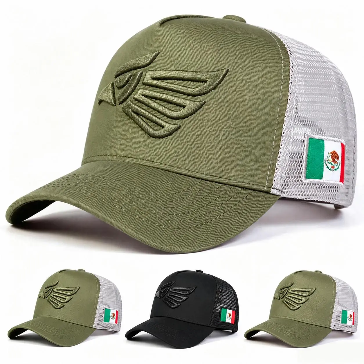 Unisex Trucker Cap with Mexican Eagle Patch Design, Flexible Snapback Closure & Airy Mesh Panel, Lightweight Black Hat, Perfect for Summer Camping, Hiking, Driving and Everyday Casual Dressing