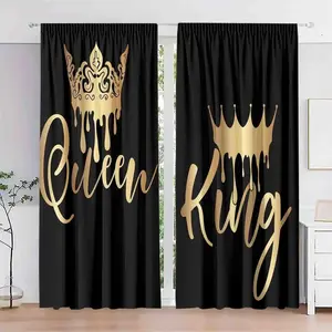 2 Pieces Light Filtering Curtains with King and Queen Pattern, Polyester Drapes for Living Room Bedroom Office, Pole Pocket Design, Window Curtain
