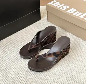 Wedge Heel Flip Flops, 8cm Platform Thong Sandals, Black/Brown/Leopard Print, Casual Summer Wedge Sandals