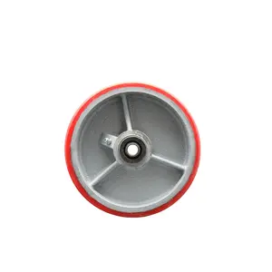 6" x 2" Red Polyurethane on Silver Semi Steel Cast Iron Wheel Only with Roller Bearing - 1/2" Bore - 1200 lbs Capacity per Wheel  -  Service Caster Brand