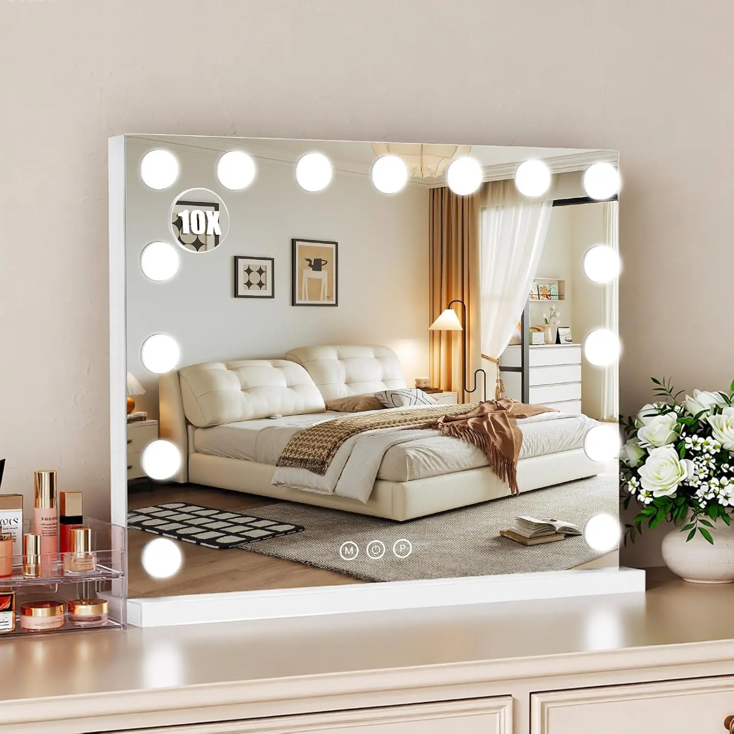 Vanity Mirror with Lights, 23"×18" Large Hollywood Makeup Mirror with 15 Dimmable Bulbs, 3-Color Lighting, Dimmable, 10x Magnification, Desk Mirror, Bedroom (White)