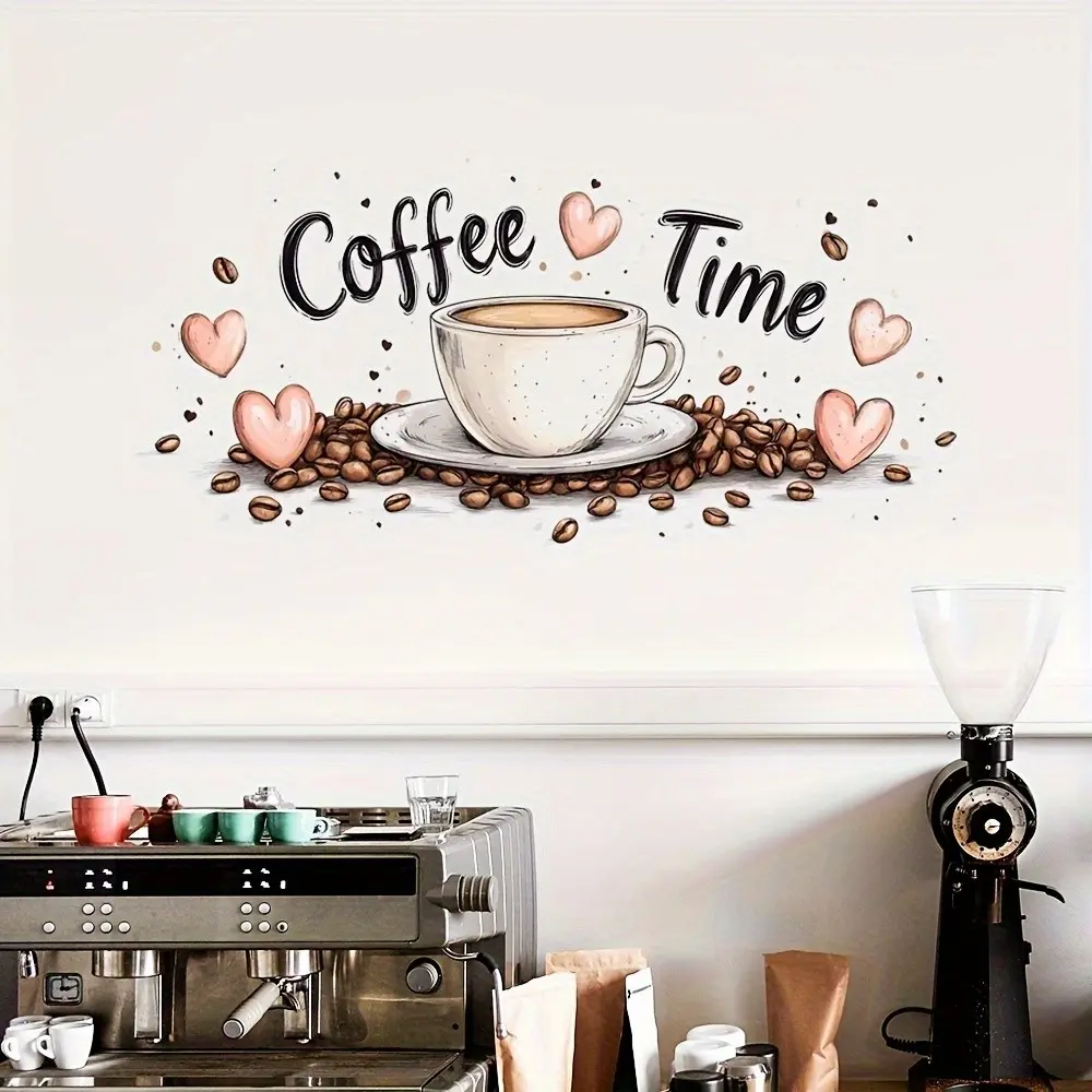Creative English Logo Heart Coffee Cup Wall Sticker, Decoration Sticker, Wall Decal, Self-Adhesive, Glossy Surface, Modern Cartoon Design, Coffee Shop Decor, Bedroom, Rental Room