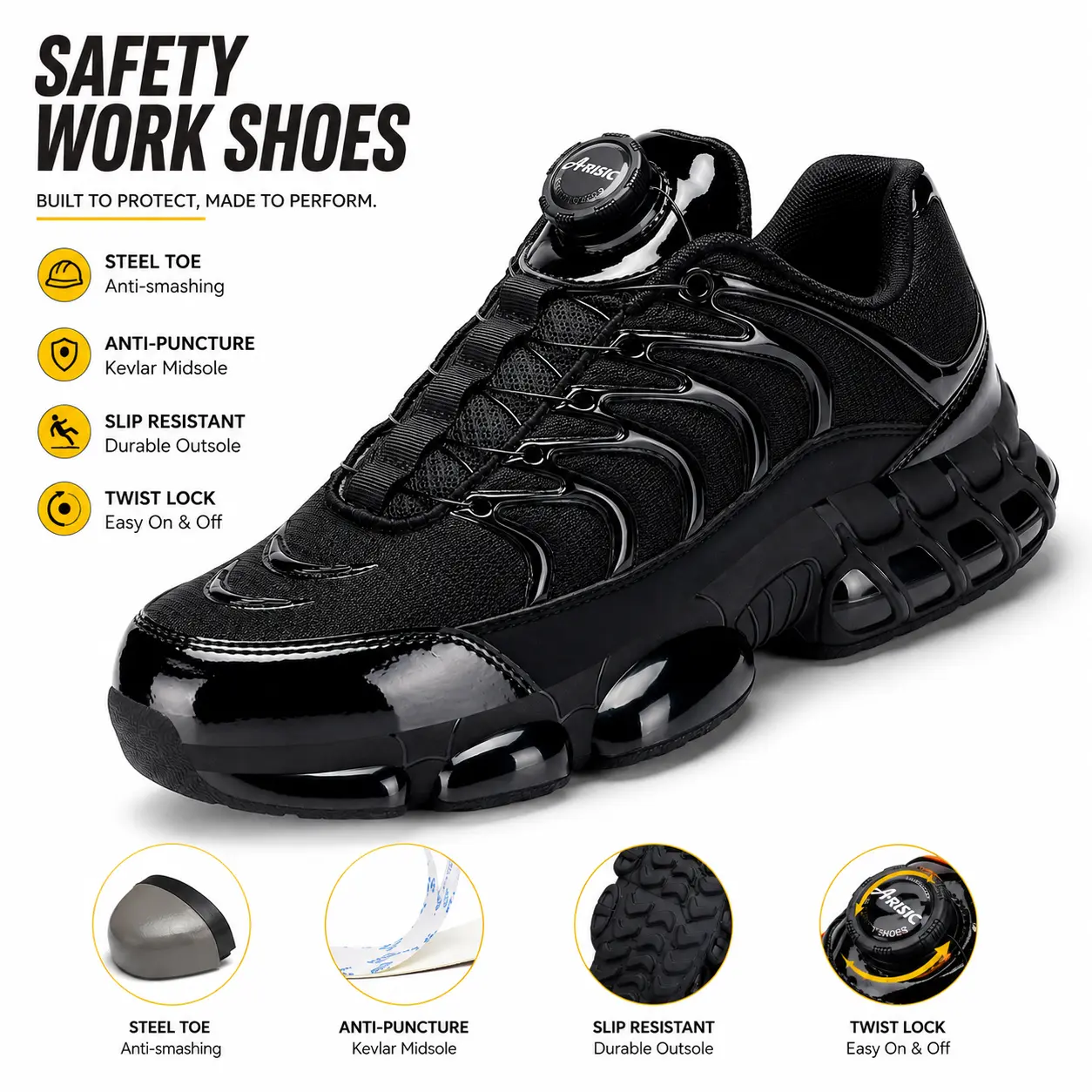 ARISIC New Steel Toe Work Boots for Men-Women, Worker Footwear with Twist Lock Lacing, Comfortable Lightweight Slip-Resistant Puncture-Proof Safety Shoes, Lace