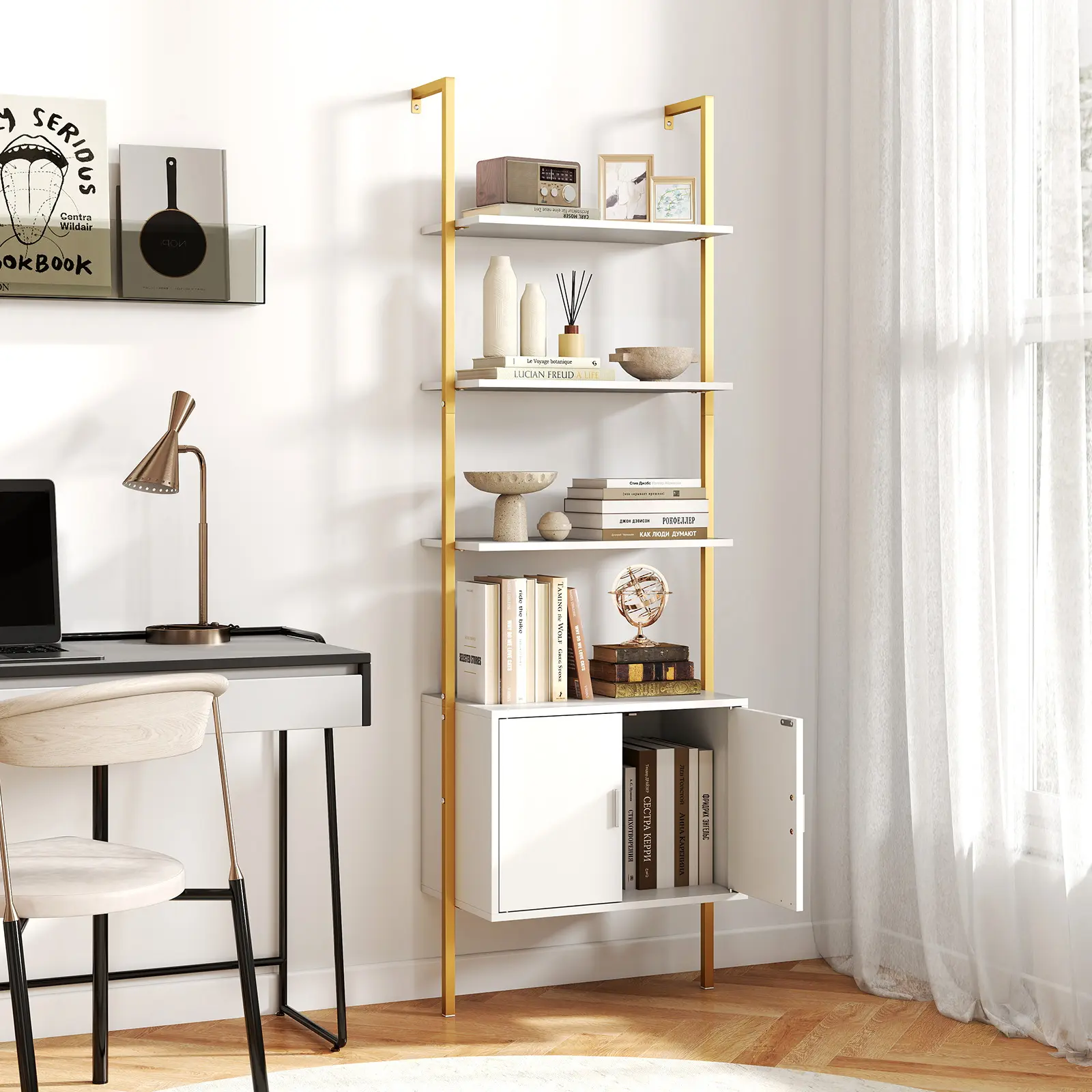 COSTWAY - 72.5 Inch Tall Bookshelf with Cabinet Anti-Tipping Kits and Metal Frame-White