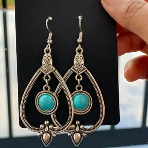 Turquoise Western Boho Earrings Vintage Silver Teardrop Dangles with Intricate Filigree Design and Turquoise Stone for Boho Lovers