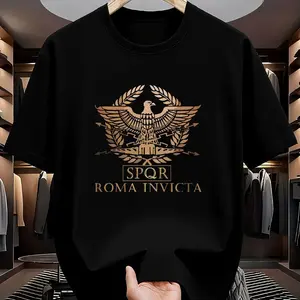 All Cotton tee Eagle SPQR Roma Invicta Tee Golden SPQR Letters ROMA INVICTA Classic Roman Design Black Casual Top Symbolizes Authority Strength Perfect for Leisure Gatherings