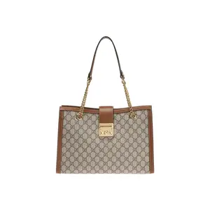 Pre-owned GUCCI canves Shoulder Bags Padlock Large GG Supreme Shoulder Bag in Beige/Brown with Brown Leather Trim