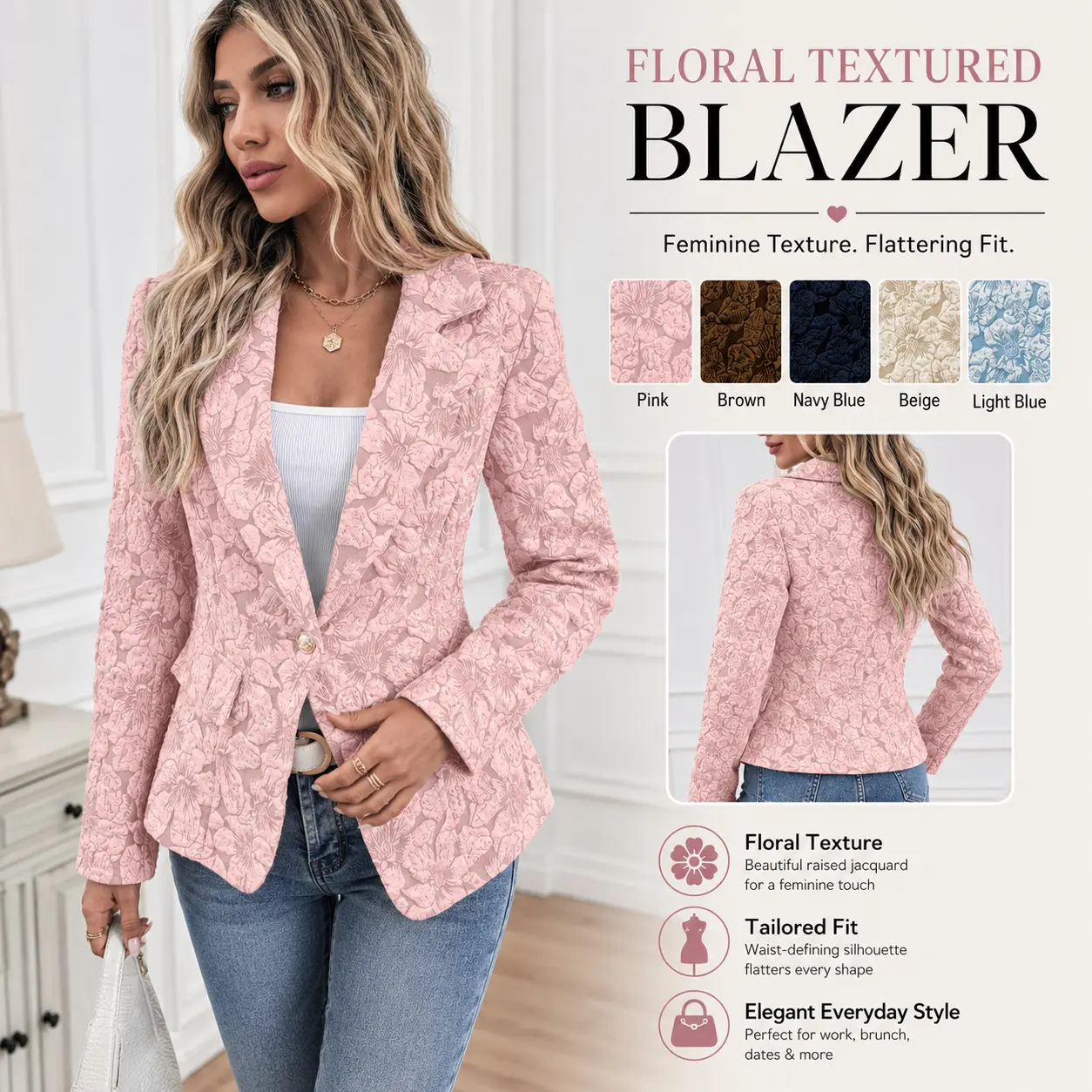 Women Raised Floral Jacquard Blazer Jacket, Lapel Single Button Tailored Slim Suit Coat, Elegant Textured Casual Office Outerwear