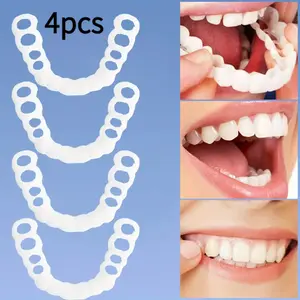 Snap On Smile Instant Fake Teeth Comfortable Cosmetic Teeth Veneers for Eating Temporary Tooth Replacement Snap-on Dentures Silicone Fake Teeth to Cover Gaps 4pcs Set of Silicone Dental Braces for Men And Women, Adjustable White Braces- Eas