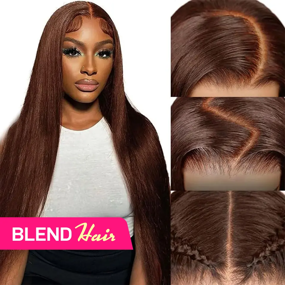 [-Blend Hair-]28inch YAWAWE Hair Chocolate Brown Blend Hair Lace Front Wigs Pre Plucked 13x6 Straight High Density Colored #4 Light Brown with Drawstring Effortless Install Ear to Ear Bone Straight 13x6 Lace Front Wig with Baby Hair