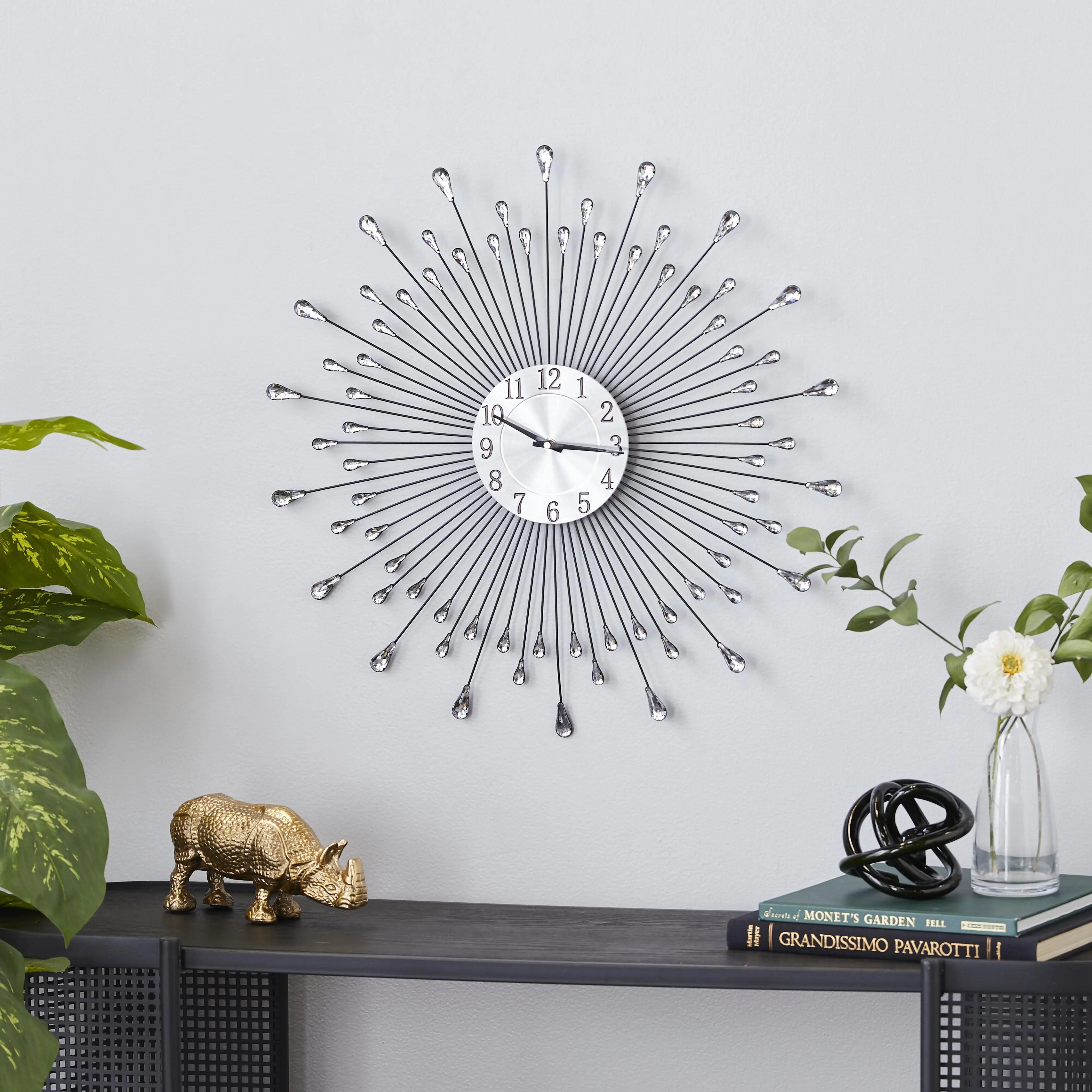 Silver Metal Starburst Decorative Wall Clock with Crystal Embellishment, 23" x 2" x 23"