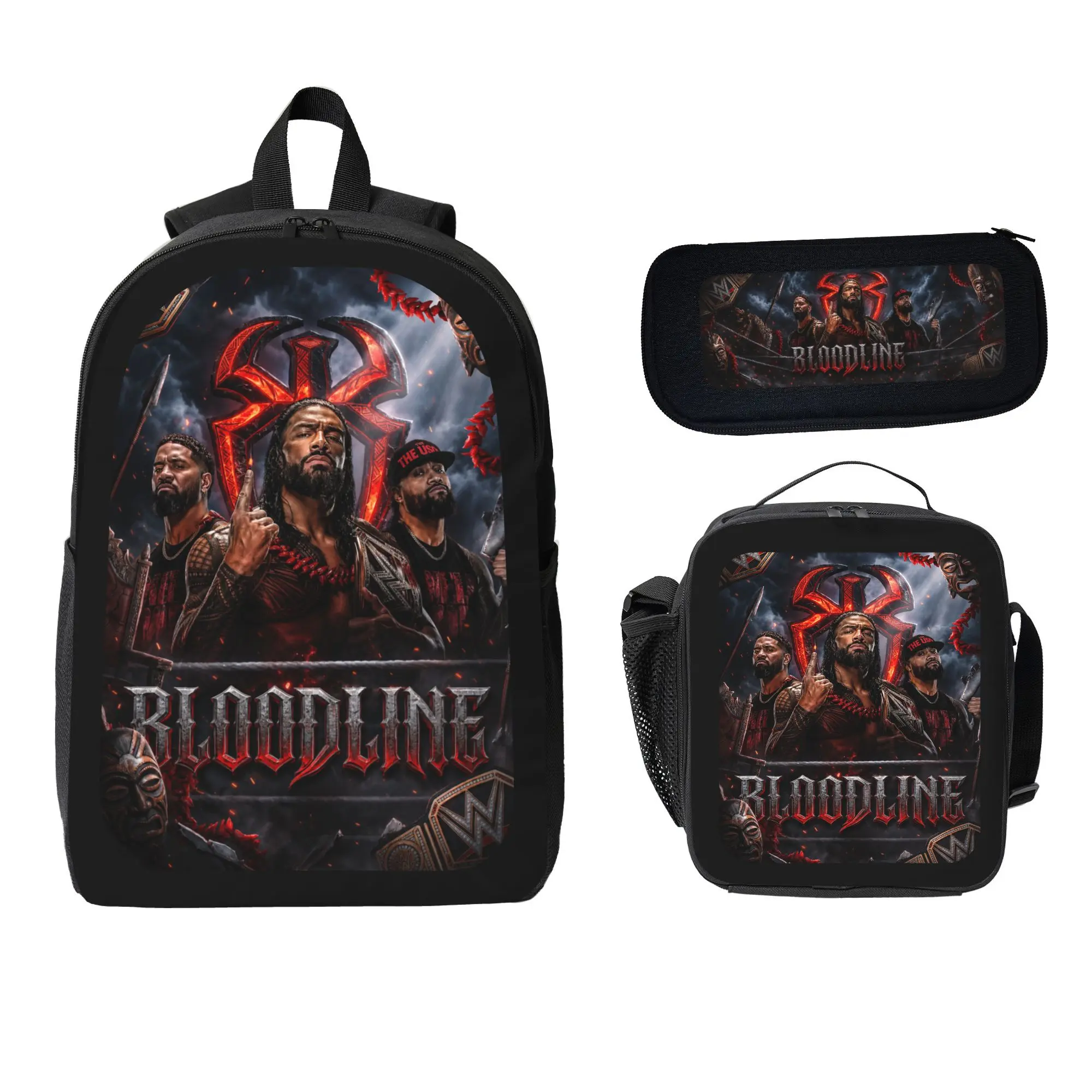Boys' 3-Pcs The Bloodline Wrestling Backpack Set - School Bookbag, Lunch Box, Pencil Case for Pro Wrestling Fans Back to School