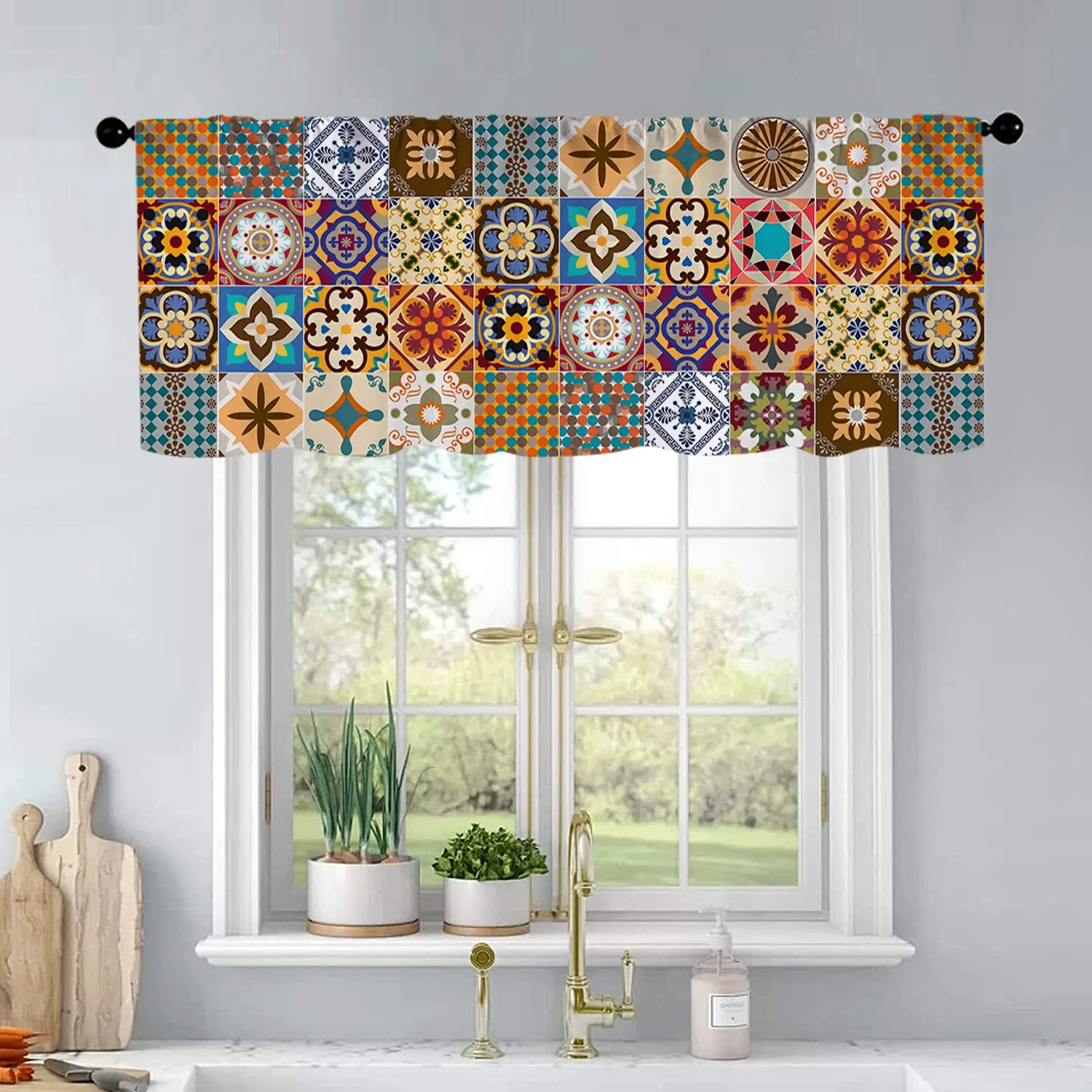 1 pc Colorful Bohemian Style Printed Kitchen Curtains Valance Living Room Bedroom Bathroom Home Decor 54x18 Inch