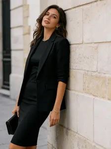 Two piece high-end black long sleeve suit with hip skirt set for women in early autumn, fashionable and capable temperament, slimming professional two-piece set, suitable for all seasons, suitable for vacation, indoor and outdoor wear