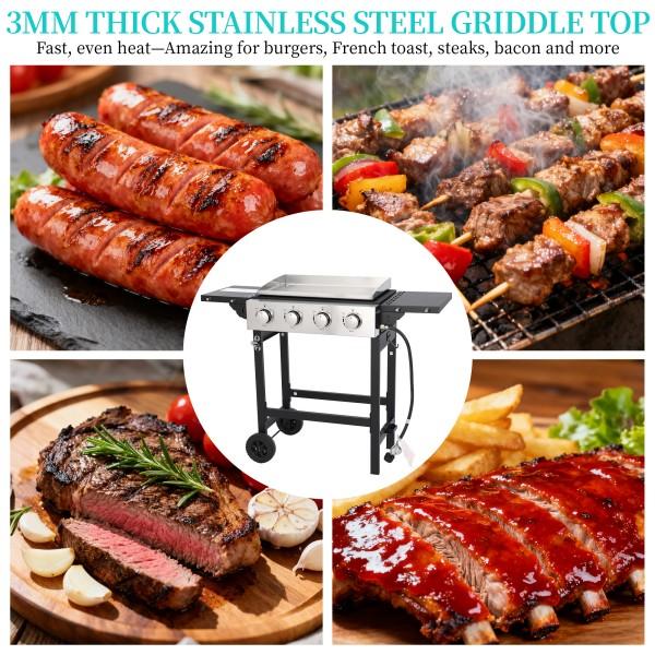 Propane Gas Griddle 4-Burner, Flat Top Grill Griddle, Outdoor Gas Stove with Foldable Side Tables, Wheels - 40,000 BTUs Output, 291 sq.in Cooking Area, for Patio Barbecue, Backyard, BBQ