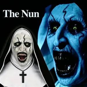 Realistic evil nun mask with headscarf for adults, nun mask with bloody mouth and cross pendant for Halloween party props, reusable