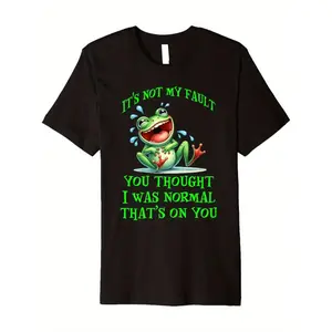 Fun Frog T-Shirt, Unisex - "You Thought I Was Normal, It's Your Fault" Slogan, Green Frog with Smile and Poison Arrow Design, 100% Soft Crew Neck Retro Graphic T-Shirt, Casual Regular Fit Black Shirt, Paired with Bright Green Print