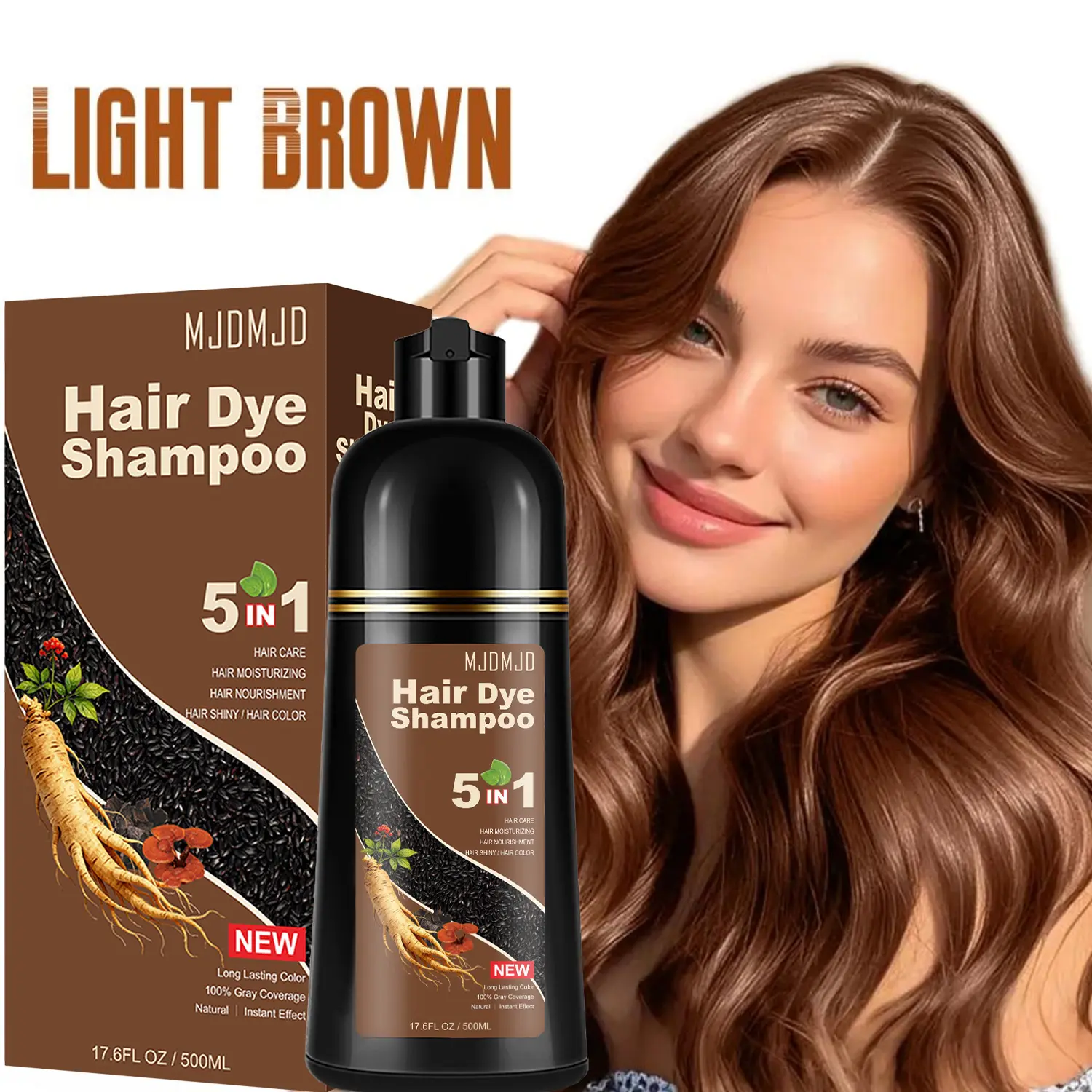 MJDMJD Instant Herbal 5 in 1 Light Brown Hair Dye Shampoo Covering Grey Hair,All-in-One Hair Color Nourishes - Natural & Healthy Plant Ingredients Hair Dye in Minutes,Easy to Use At Home,Unisex,Haircare,Christmas Gift
