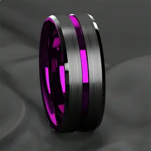 304 Stainless Steel Purple Groove Ring for Men & Women - Fashionable Unisex Engagement Jewelry with Vibrant Colorful Design, Durable Wedding Band for Daily Wear & Special Occasions, Valentine'S Day Gift, Best for Christmas