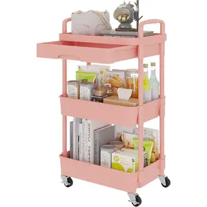 3-Tier Rolling Utility Cart with Drawer,Multifunctional Storage Organizer with Plastic Shelf & Metal Wheel,Storage Cart for Kitchen,Bathroom,Living Room,Office,